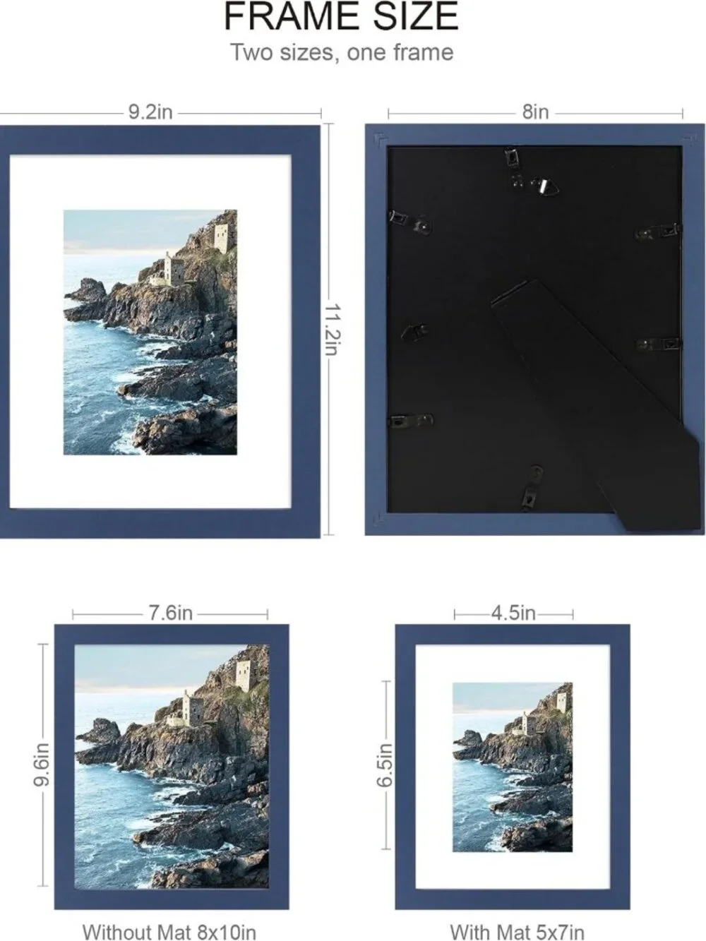 4 Pack 8x10 Picture Frames - Real Glass & Wood, Tabletop & Wall Mount, Blue